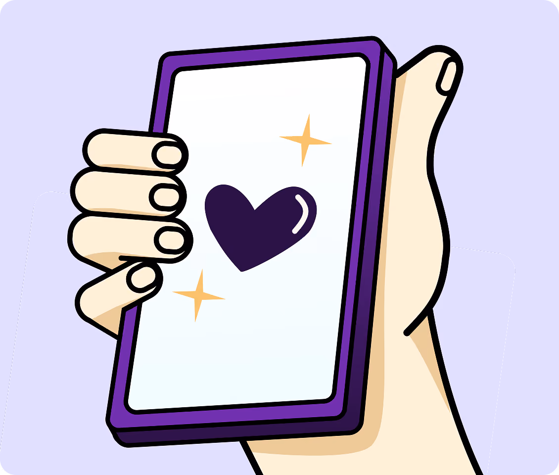 Ilustração de uma mão segurando um celular com um coração roxo na tela, cercado de brilhos