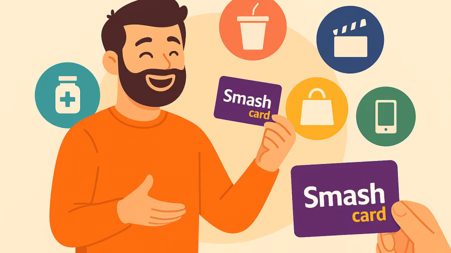 Ilustração de homem sorridente segurando um cartão Smash roxo, cercado por ícones de bebida, cinema, saúde, compras e celular