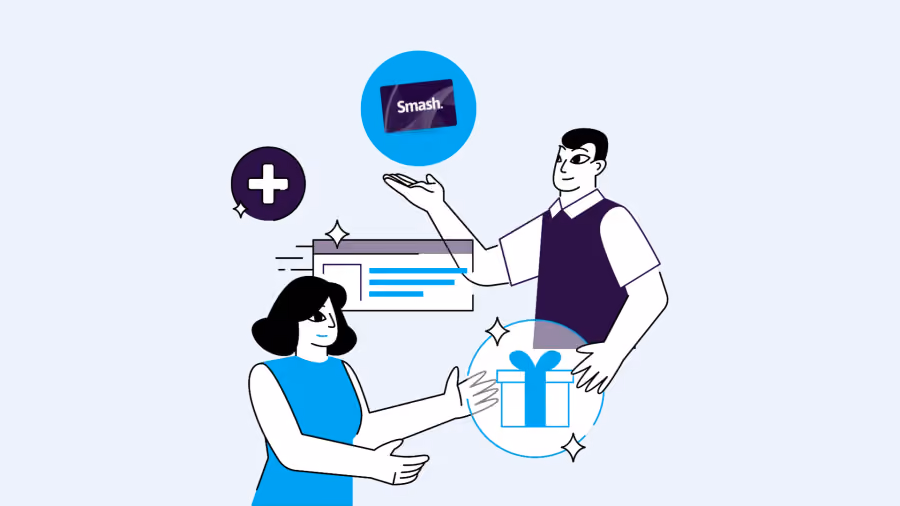 Ilustração de homem e mulher trocando um cartão Smash e um ícone de presente, ao lado de um documento e sinal de mais