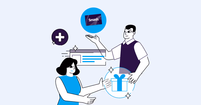 Ilustração de homem e mulher trocando um cartão Smash e um ícone de presente, ao lado de um documento e sinal de mais