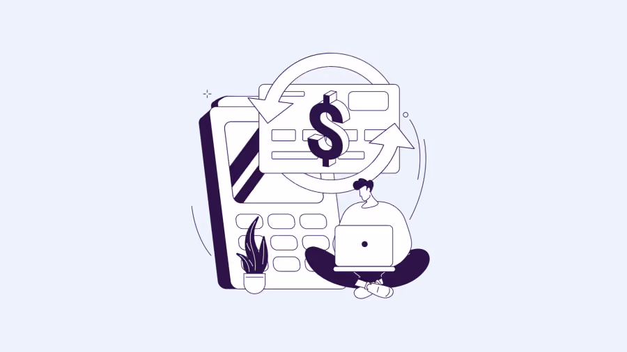 Ilustração de calculadora gigante com símbolo de dinheiro em setas circulares e pessoa pequena usando notebook