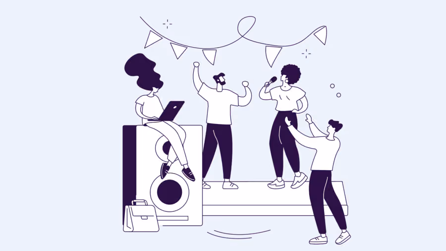 Ilustração de quatro pessoas conversando sobre um palco decorado com bandeirinhas, ao lado de um painel com um círculo escuro