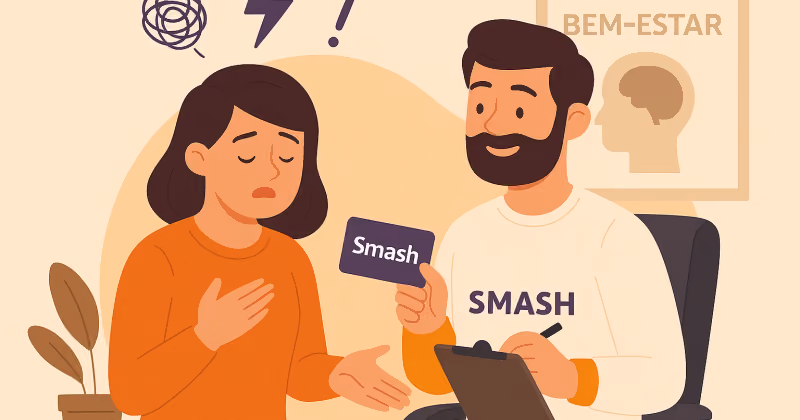 Ilustração de colaboradora angustiada, com ícones de raio e exclamação acima, atendida por profissional que oferece um cartão Smash sob um cartaz de bem-estar