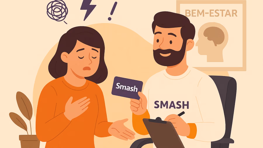 Ilustração de colaboradora angustiada, com ícones de raio e exclamação acima, atendida por profissional que oferece um cartão Smash sob um cartaz de bem-estar