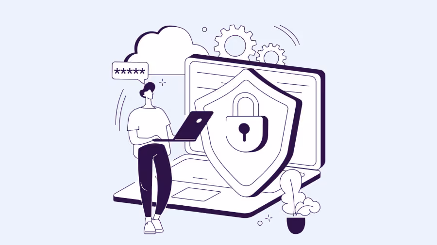 Ilustração de pessoa em notebook diante de um grande escudo com cadeado, campo de senha e engrenagens ao fundo
