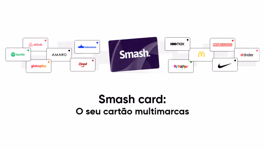 Cartão Smash ao centro, cercado por cartões com logotipos de marcas parceiras, sob o texto Smash card: o seu cartão multimarcas