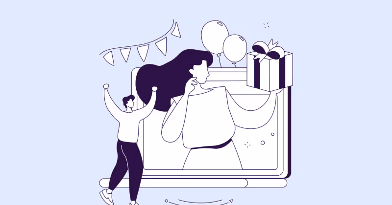 Ilustração de duas pessoas recebendo uma caixa de presente que sai da tela de um computador, entre balões e bandeirinhas