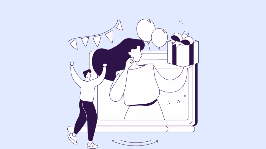 Ilustração de duas pessoas recebendo uma caixa de presente que sai da tela de um computador, entre balões e bandeirinhas