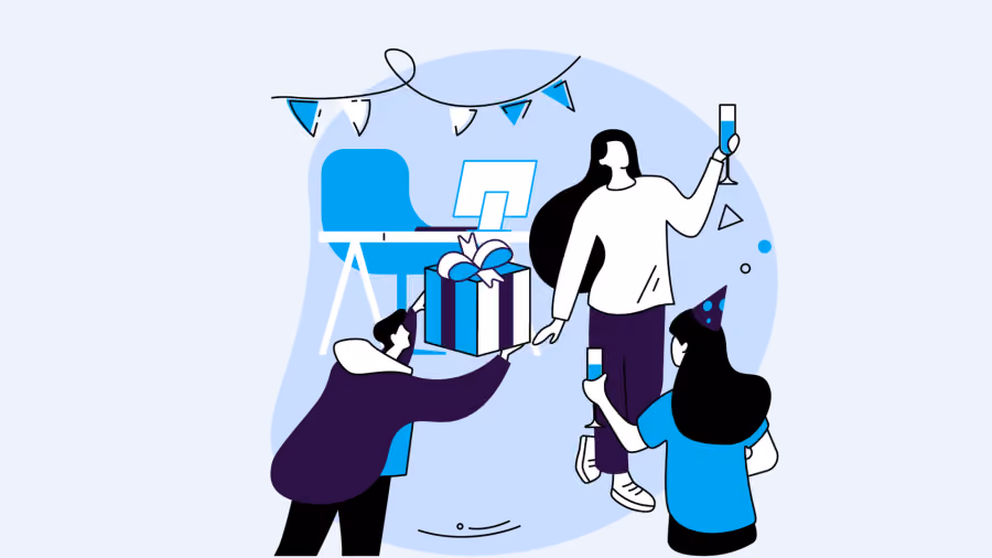 Ilustração de três pessoas em confraternização, uma entregando um presente embrulhado e outra brindando com uma taça, entre bandeirinhas