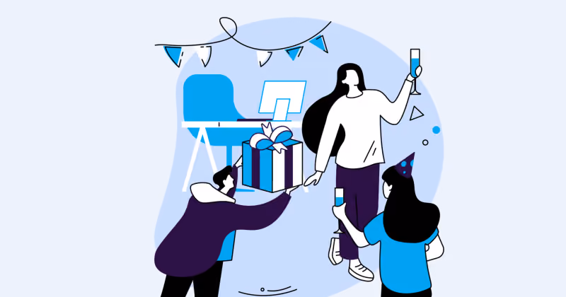 Ilustração de três pessoas em confraternização, uma entregando um presente embrulhado e outra brindando com uma taça, entre bandeirinhas
