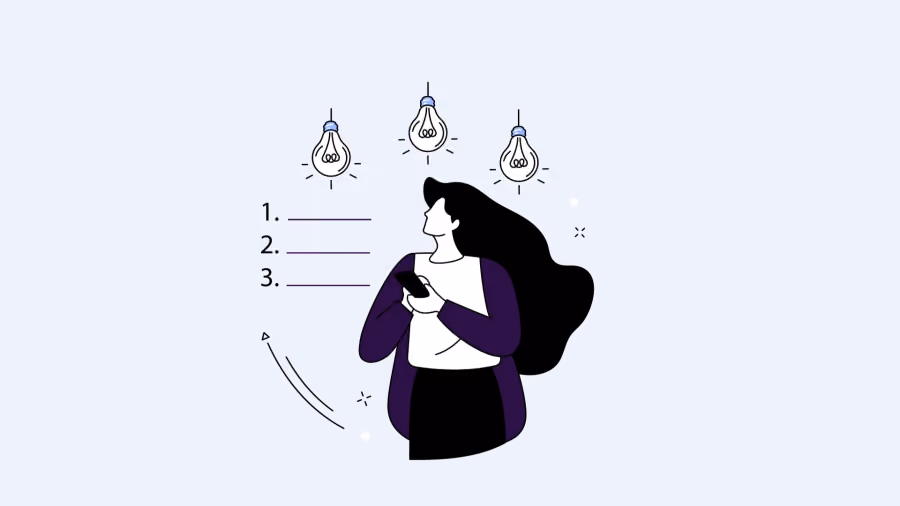 Ilustração de mulher olhando para três lâmpadas acesas ao lado de uma lista numerada de três itens em branco