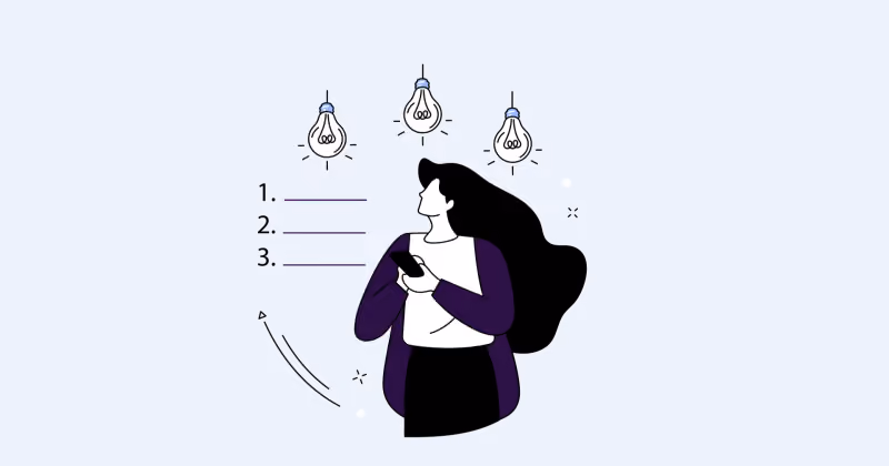 Ilustração de mulher olhando para três lâmpadas acesas ao lado de uma lista numerada de três itens em branco