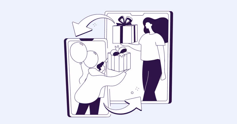 Ilustração de duas pessoas trocando caixas de presente através da tela de um celular gigante, com setas curvas indicando o envio