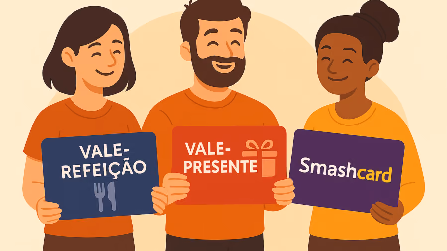 Ilustração de três pessoas sorrindo, cada uma segurando uma placa com os rótulos vale-refeição, vale-presente e Smashcard
