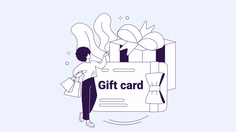 Ilustração de pessoa com sacolas de compras ao lado de um cartão grande com o texto Gift card e um laço de fita