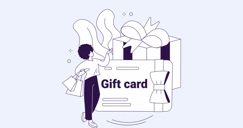 Ilustração de pessoa com sacolas de compras ao lado de um cartão grande com o texto Gift card e um laço de fita